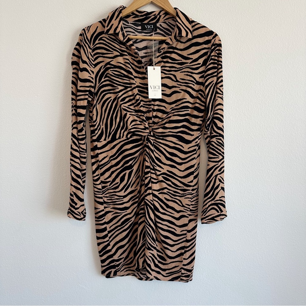 Vici Zebra Brown Black Twist Button Up Dress